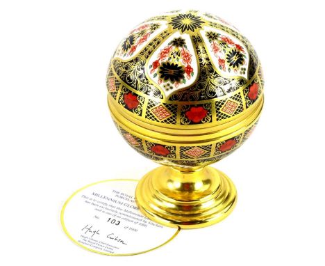 A Royal Crown Derby Imari porcelain Millennium globe barometer, the hinged lid with the motto, He That Observeth The Wind etc