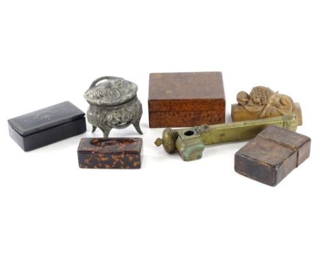 Miscellaneous items, to include a brass Middle Eastern Scribes box, a paper mache box decorated with half moons and stars, po