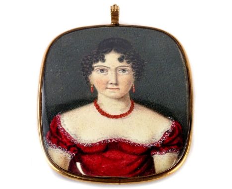 19thC School. Portrait miniature of a lady, quarter profile, gouache, unsigned, 9cm x 8cm. 