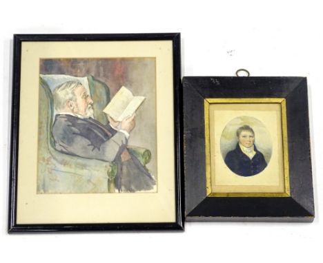 19thC School. Portrait of a gentleman wearing a black jacket, by repute Thomas Child (1830-85), 9cm x 7.5cm, and a watercolou