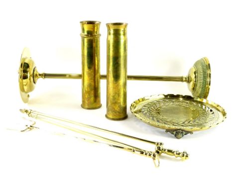 A collection of metal ware, to include two similar first world war brass shelves each with oriental trench art decoration, 31