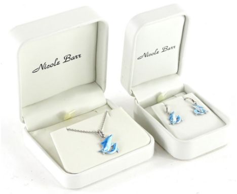 Two items of Nicole Barr silver and enamel jewellery, comprising a necklace and earrings set, depicting two dolphins, boxed.