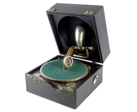 A vintage black canvas Decca portable gramophone, with chrome plated mounts, 30cm wide. (AF)