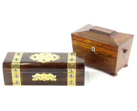 A Victorian rosewood and brass bound glove box, with engraved decoration, etc., the hinged lid enclosing a lined interior, 28