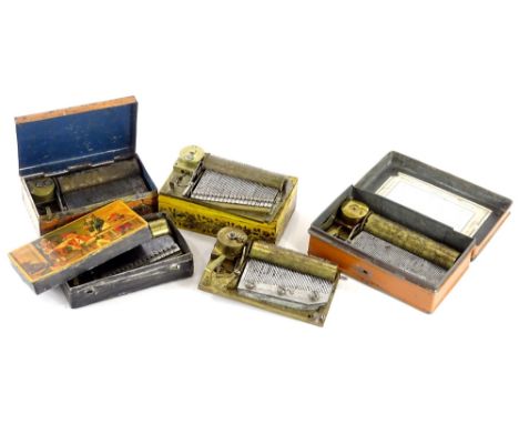 Various early 20thC boxes, musical boxes, musical actions, tool ware transfer printed musical box in rectangular form set wit