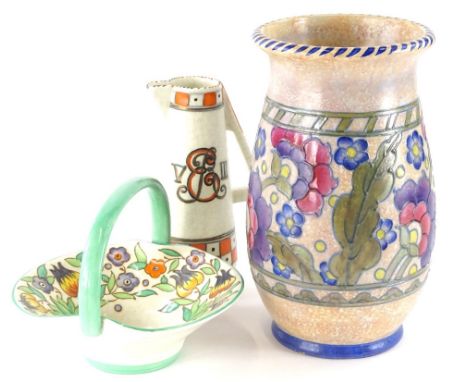 Three items of Charlotte Rhead pottery, a Crown Ducal vase with tube line decoration of flowers and leaves, printed mark in b