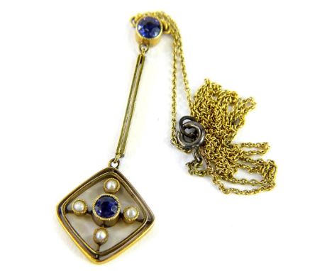 An Art Nouveau pendant and chain, of two tier drop design with seed pearl and amethyst diamond shaped cluster, and a single a