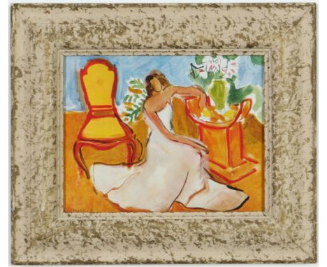 AFTER HENRI MATISSE, Woman in a white dress, signed in the plate, offset litho0graph, French vintage frame, 23cm x 18cm. 