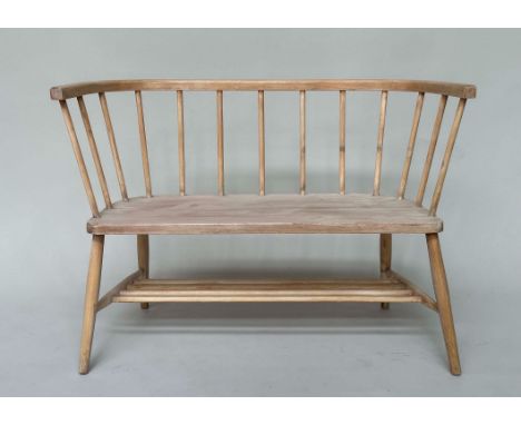 HALL BENCH, mid 20th century beech in the manner of Ercol with arched stick back, 70cm H x 103cm W. 