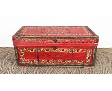 TRUNK, 19th century painted leather, camphorwood and brass mounted, 39cm H x 89cm W x 45cm D. 