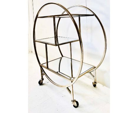DRINKS TROLLEY, Art Deco style silvered metal with mirrored shelves, 93cm H x 82cm W x 37cm D. 