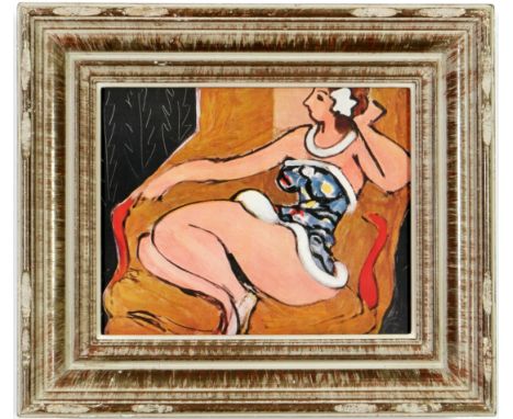 AFTER HENRI MATISSE, Reclining Woman with flower in hair, signed in the plate, off set lithograph, French vintage frame, 23cm