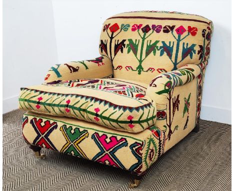 ARMCHAIR, Howard style in Aztec influenced fabric, 84cm H x 86cm W x 104cm D. 