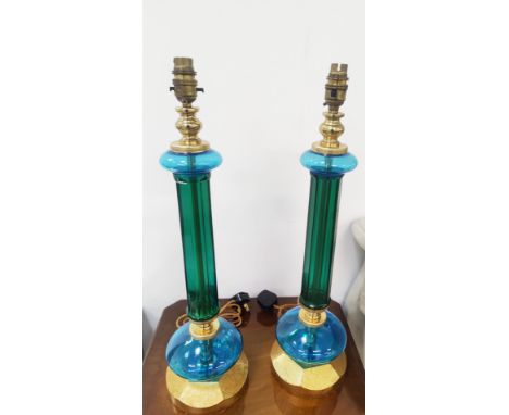 CENEDESE MURANO GLASS TABLE LAMPS, a pair, vintage, blue and green glass, 58cm H. (2) 