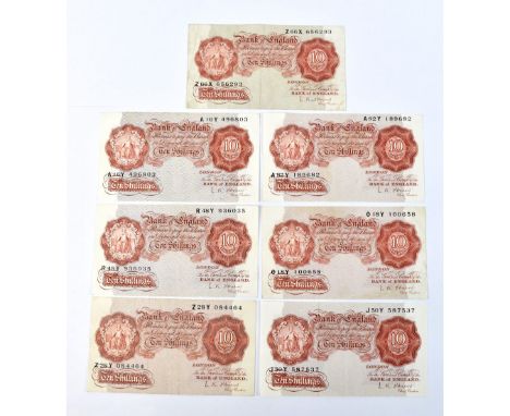 GREAT BRITAIN; seven Bank of England L. K. O'Brien 10/- notes S/N A16Y 496803, A82Y 189682, J50Y 587537, O18Y 100658, R48Y 93