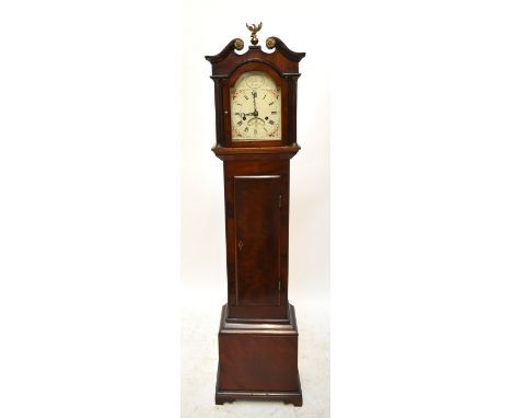 A late 19th/early 20th century mahogany small longcase with brass mounted broken swan neck pediment above painted dial inscri