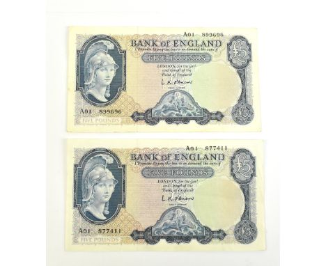 GREAT BRITAIN; two Bank of England L. K. O'Brien £5 first prefix notes S/N A01 877411 and A01 899696 (2).Additional Informati