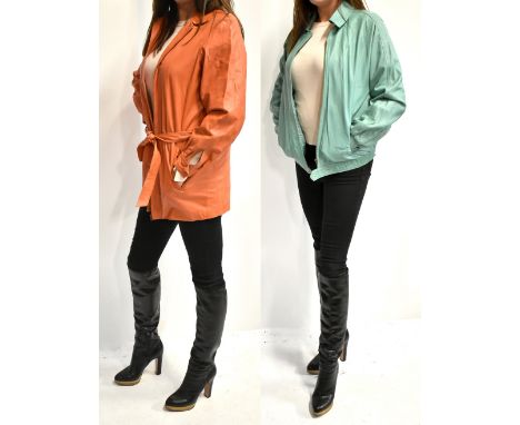 CHARLES JOURDAN; an orange/beige long soft nappa leather jacket with tie belt, two front pockets, zip front and fully lined, 