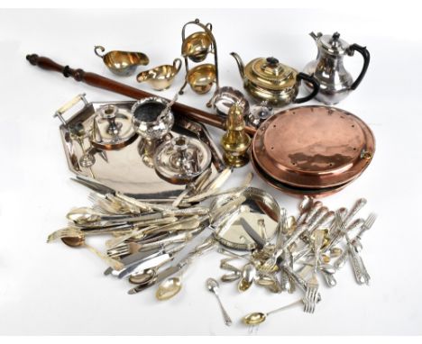 A quantity of assorted silver plate and metal ware to include an Art Deco silver plated tray with ivory handles, length 53cm,
