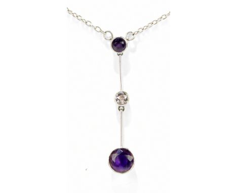An amethyst and diamond pendant drop suspended on an integral sterling silver chain, the diamond weighing approx 0.20ct, leng
