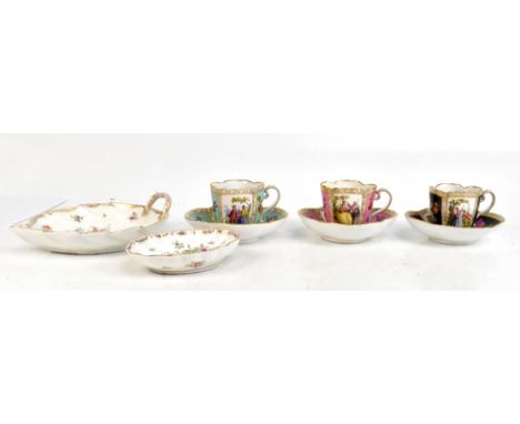 MEISSEN; three teacups and saucers of lobed outline with enamelled figural and floral decoration and further gilt heightening