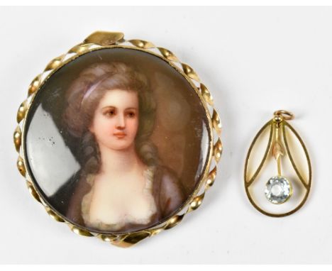 A 19th century Continental, possibly Austrian, hand painted porcelain and yellow metal brooch depicting a classical lady, dia
