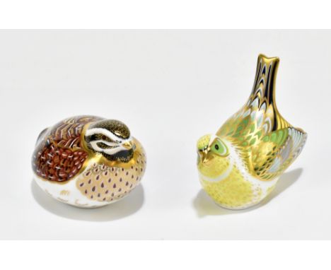 ROYAL CROWN DERBY; two paperweights, 'Greenfinch' and 'Grouse', both first quality with gold stoppers, printed marks to bases