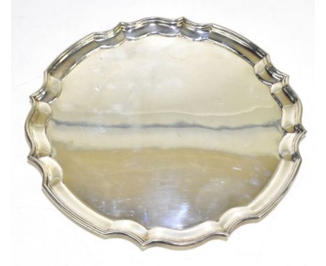 J A G; a George VI hallmarked silver salver with pie crust rim, Sheffield 1948, diameter 35.4cm, approx 34ozt/1079g.Additiona