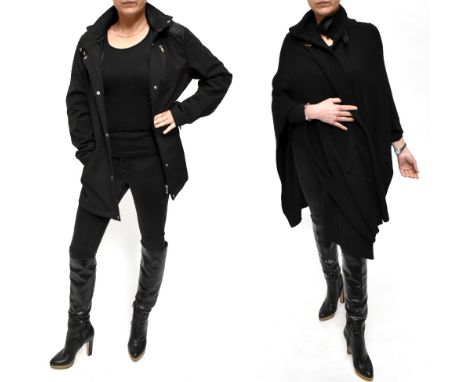 RALPH LAUREN; a medium length black jacket with hood and belt, with gold zips and padded shoulders, size L, and a Ralph Laure