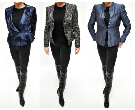 ARMANI COLLEZIONI; a blue patterned silk evening jacket with pop stud front, size US 8, a black and white patterned wool and 