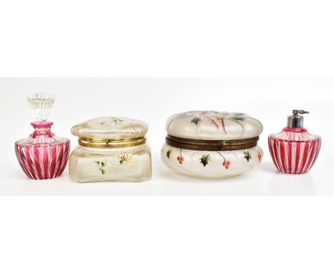 VAL SAINT LAMBERT; a cranberry and clear glass atomiser and similar perfume bottle, signed to rim, height 14cm, and two Art D