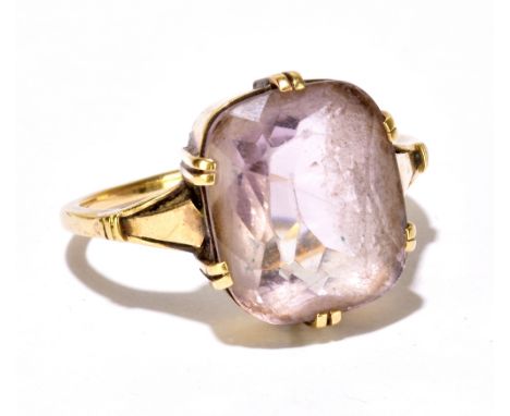 A 14ct yellow gold ring with large pale lilac tinted glass stone in six claw setting, size M, approx 4.2g.Additional Informat