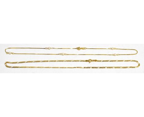Two 9ct yellow gold necklaces, the first a Figaro link example, length 38cm, the second set with cultured fresh water seed pe