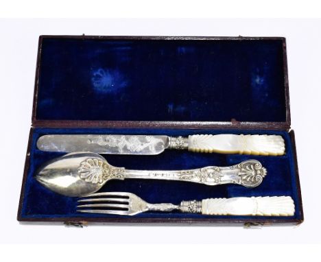 ALEXANDER HUNT; a cased Victorian hallmarked silver three piece christening set, the fork and knife with mother of pearl hand