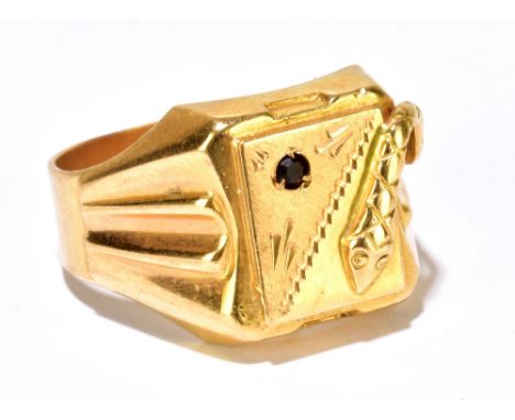A large 18ct yellow gold serpent signet ring with rectangular platform set with tiny garnet, size Y1/2, approx 12.5g.Addition