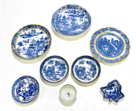 CAUGHLEY; three blue and white printed bowls, each decorated in a variation of the Willow pattern, one example with 'So' mark