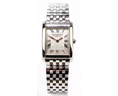 RAYMOND WEIL; a lady's stainless steel wristwatch with rectangular dial set with Roman numerals and on brick link bracelet, n