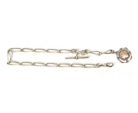 A hallmarked silver fancy link Alert chain with T-bar and fob, length 39cm, approx weight 42g.Additional InformationGeneral w