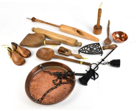 A mixed group of treen with kitchenalia including a pastry roller, rolling pin, etc, also a part set of copper balance scales