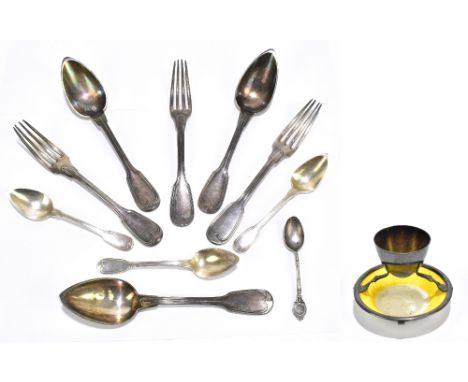 Three French silver teaspoons together with a similar fork, approx weight 5ozt/157g, a hallmarked silver teaspoon and a five 