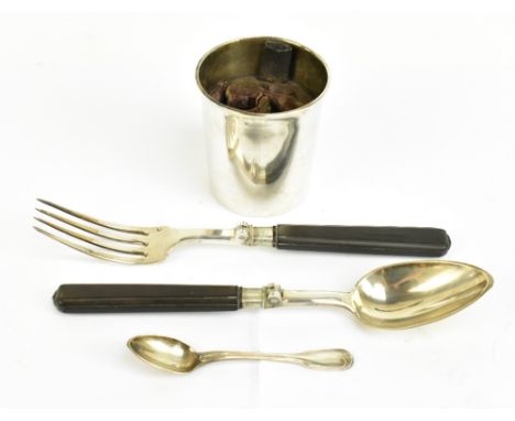 An early 19th century French Napoleonic silver and silver mounted four piece campaign set comprising beaker with fitted inter