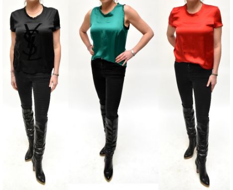 YVES SAINT LAURENT; a black 100% silk T-shirt with 'YSL' velvet logo to the front and short cap sleeves, size L, a red silk T