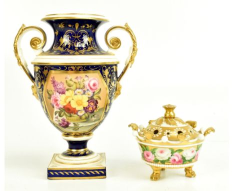 BLOOR DERBY; a good 19th century twin handled urn vase, the central panel painted with floral sprays inside gilt scrolling de