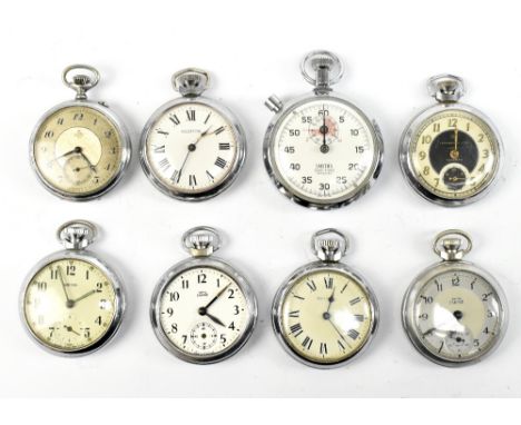 Seven chrome crown wind pocket watches to include three Ingersoll examples, also a Smith's Sport Timer stopwatch.Additional I