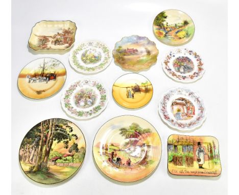 ROYAL DOULTON; twelve assorted plates and bowls, including a handpainted cabinet plate with scalloped edge by C. Hart, decora