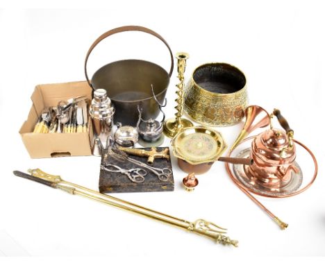 A collection of 19th century and later metalware including brass jam pan, eastern brass planter, silver plated cocktail shake