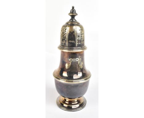 ATKIN BROS; A George V hallmarked silver sugar caster of baluster form on stepped plinth base, Sheffield 1928, height 20cm, a
