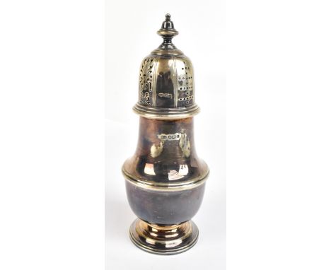 ATKIN BROS; A George V hallmarked silver sugar caster of baluster form on stepped plinth base, Sheffield 1928, height 20cm, a