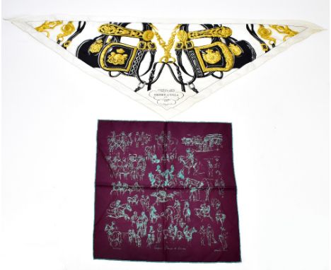 HERMÈS; a 100% silk triangular in the 'Brides de Gala Collection' necktie scarf, length 112cm, and a 100% silk burgundy and g