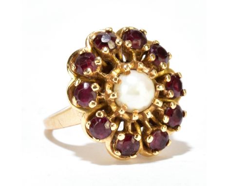 A 14ct yellow gold garnet and seed pearl floral cluster ring, size H, approx 7.8g.Additional InformationBasically in good ord